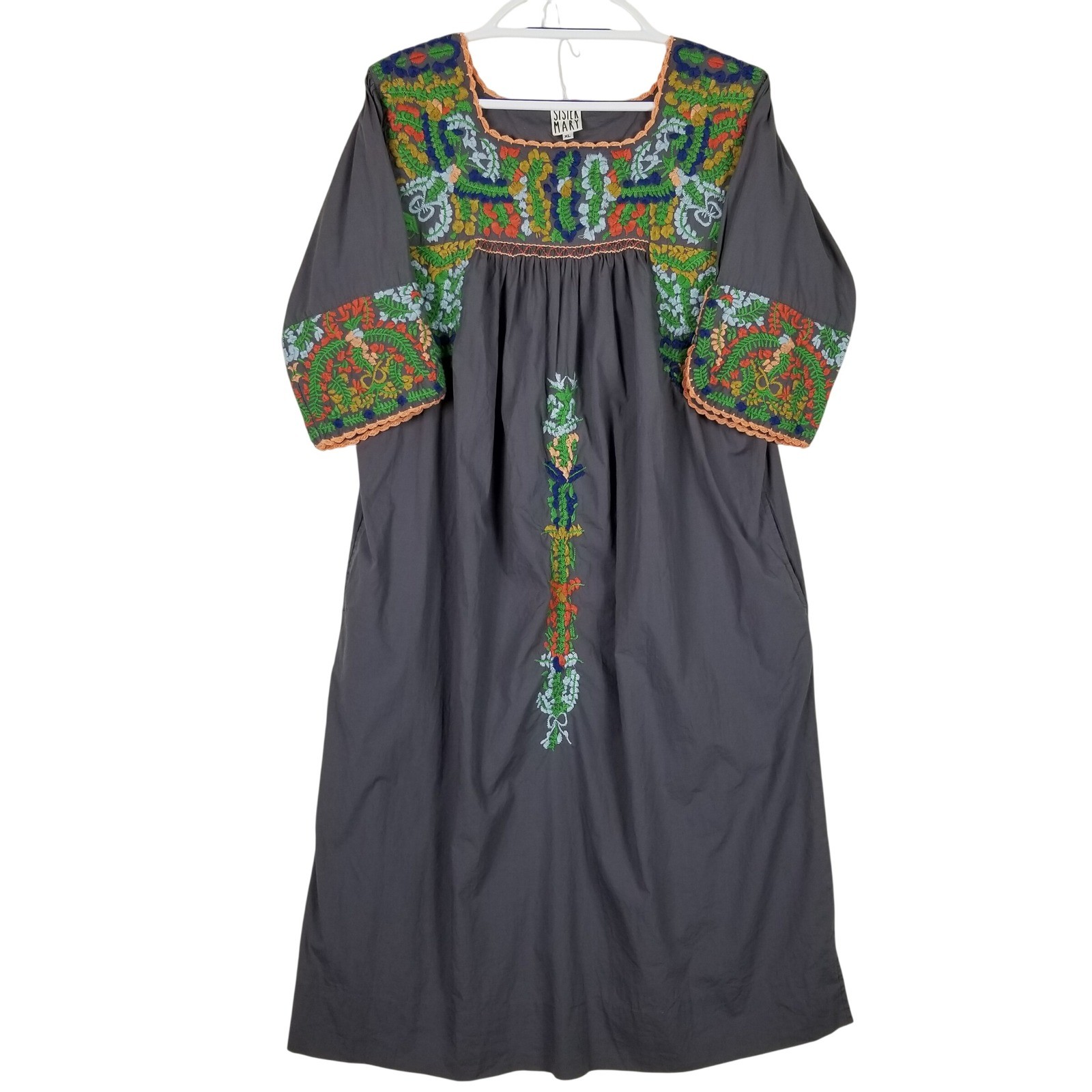 Sister Mary Dress Womens XL Grey Multi Color Embroidered Cotton Boho Midi Shift
