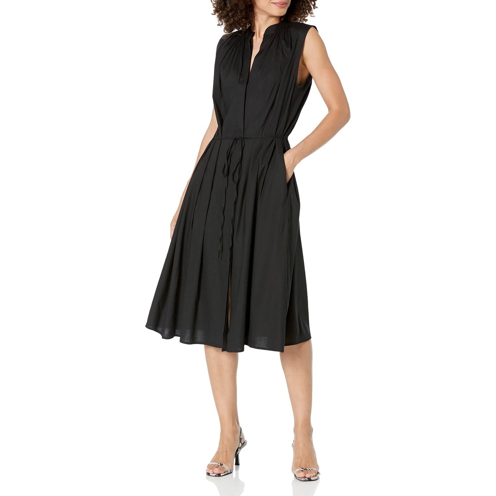 Vince Shirred Band Collar Dress Belted Midi Sz XL Black Resort Vacation Linen