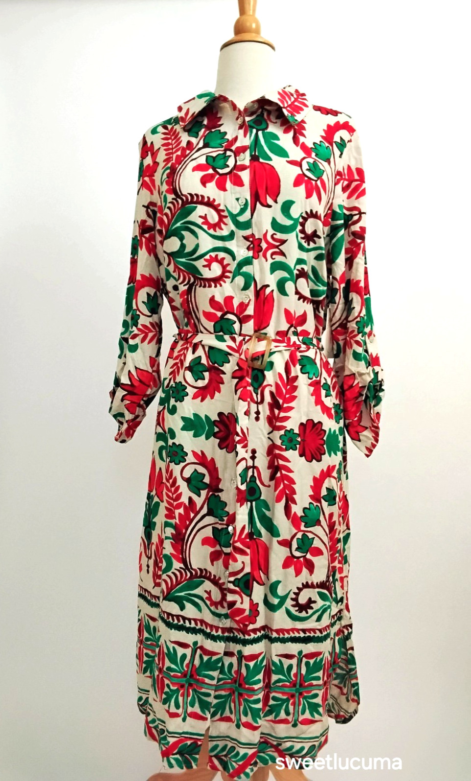 NWT Anthropologie Fig & Flower Midi Shirt Dress XL Red Green Floral Boho Print