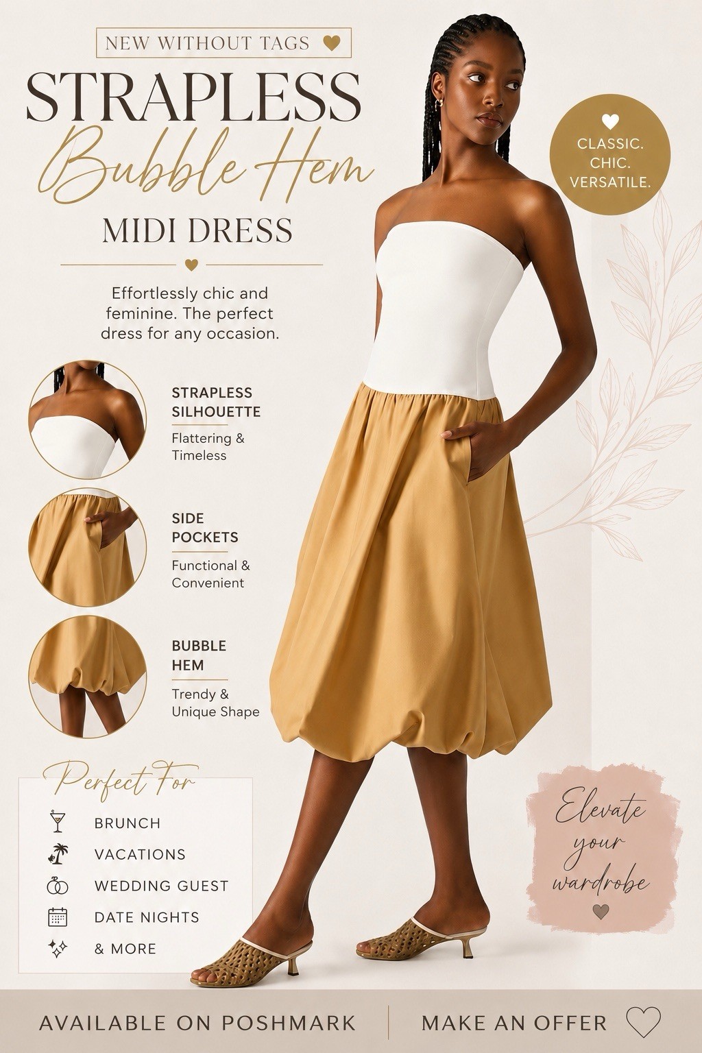 Steve Madden Women Oliver Taupe Strapless Midi Bubble Dress, Size Small, Pockets