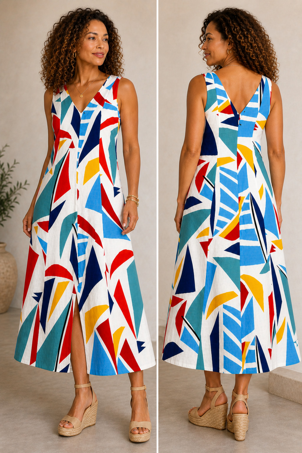 Cantão Brazil NWT Colorful A-Line Midi Dress M Linen Viscose Geometric Print Sle