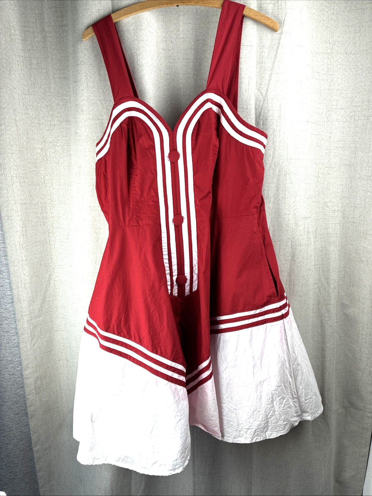 eShakti Cherry Red Dress White Stripes Whimsical Retro Cheer M Art Deco *flawed