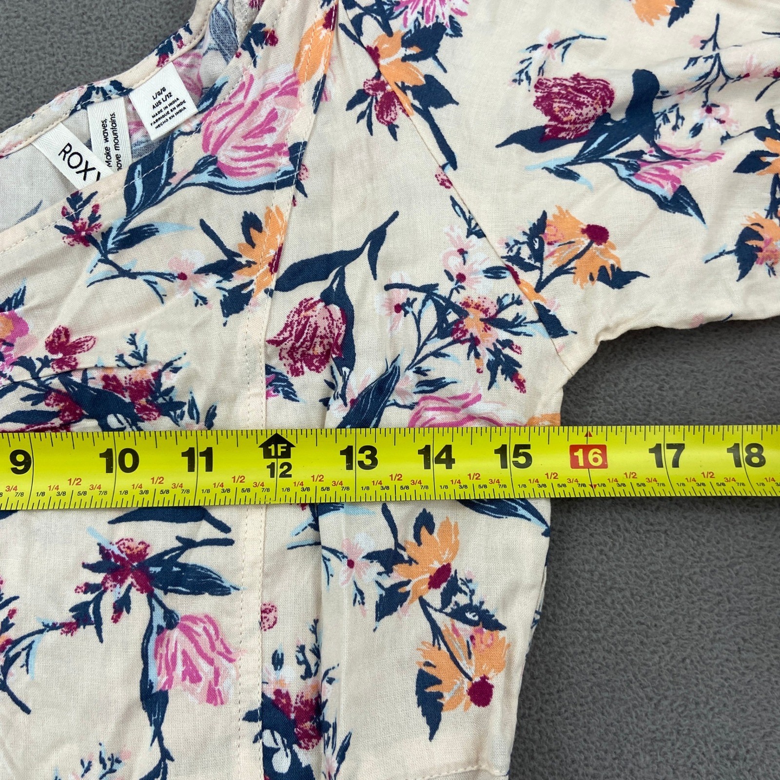 Roxy Floral Mini Dress Cream Pink Orange Blue Viscose Puff Sleeve Size L 4834