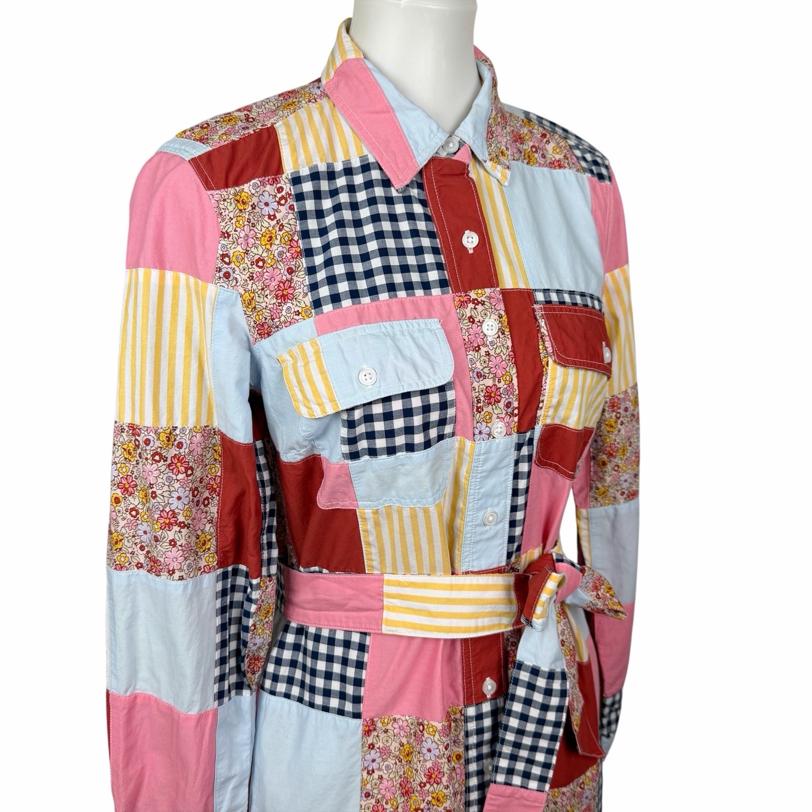 Lands End Patchwork Dress Womens Small Western Cottagecore Button Up Long Sleeve