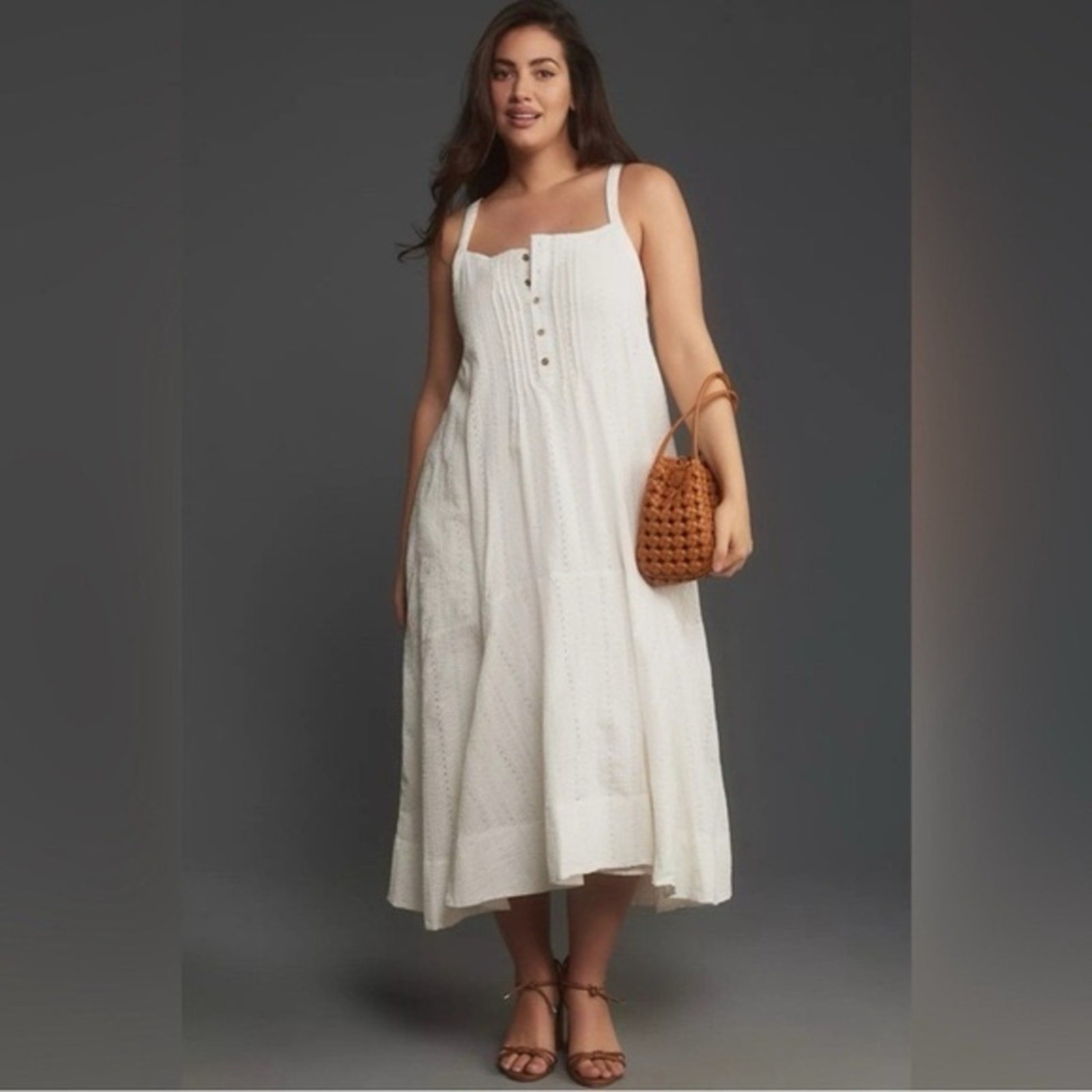Pilcro Sleeveless Patchwork Midi Dress Eyelet Flowy Cottagecore in Ivory/White S