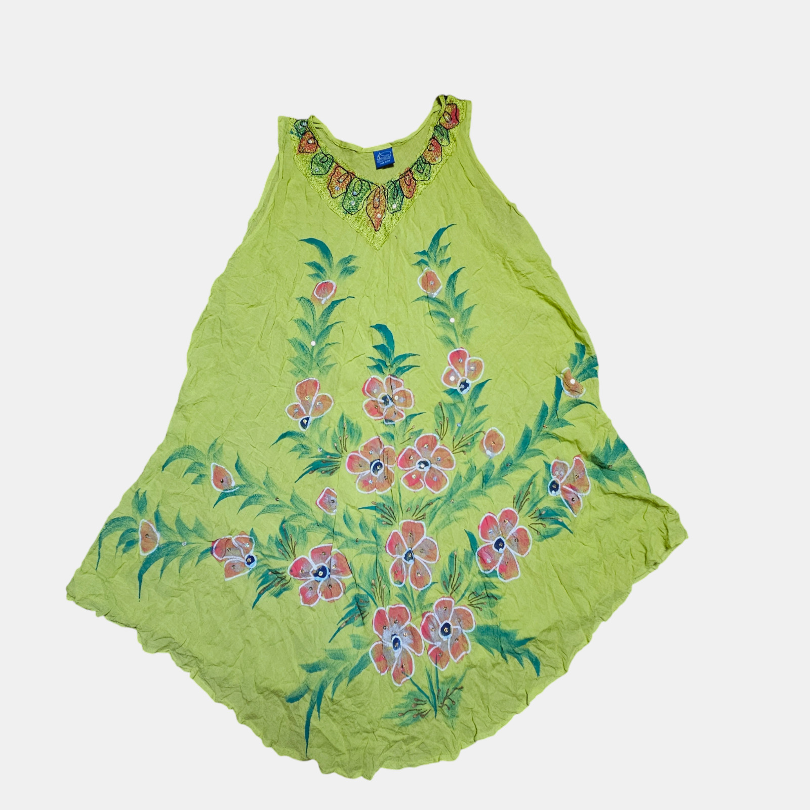 Vintage Shoe Shock Floral Hand Painted Sequined Tank Sundress OS Resort Boho