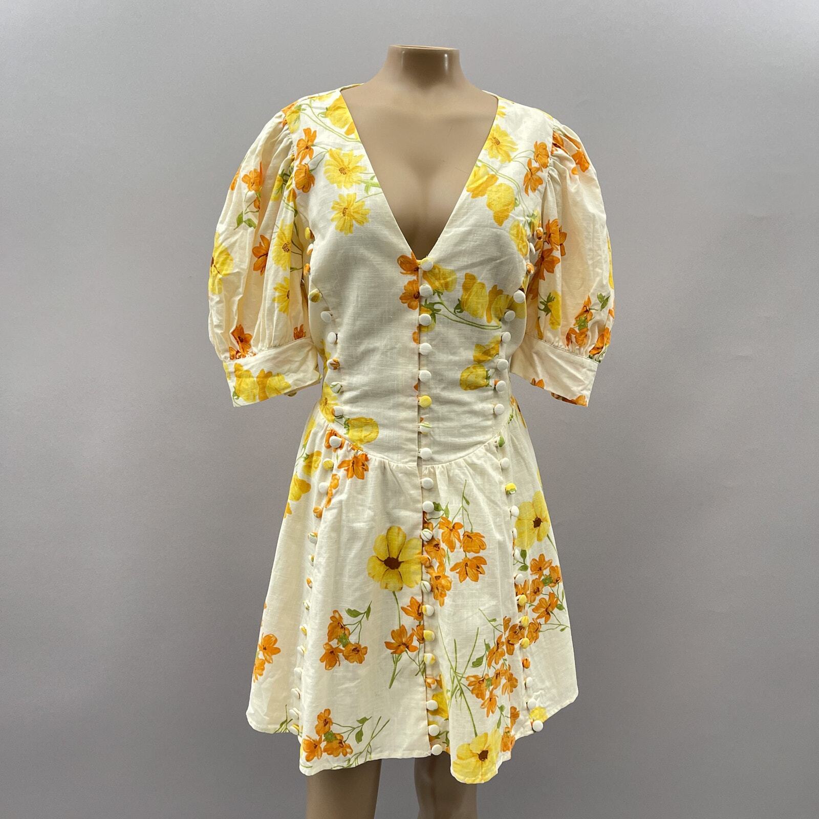 Sabo Luxe Dress Women XL US 10 Yellow Floral Deon Button Mini Puff Sleeve NEW