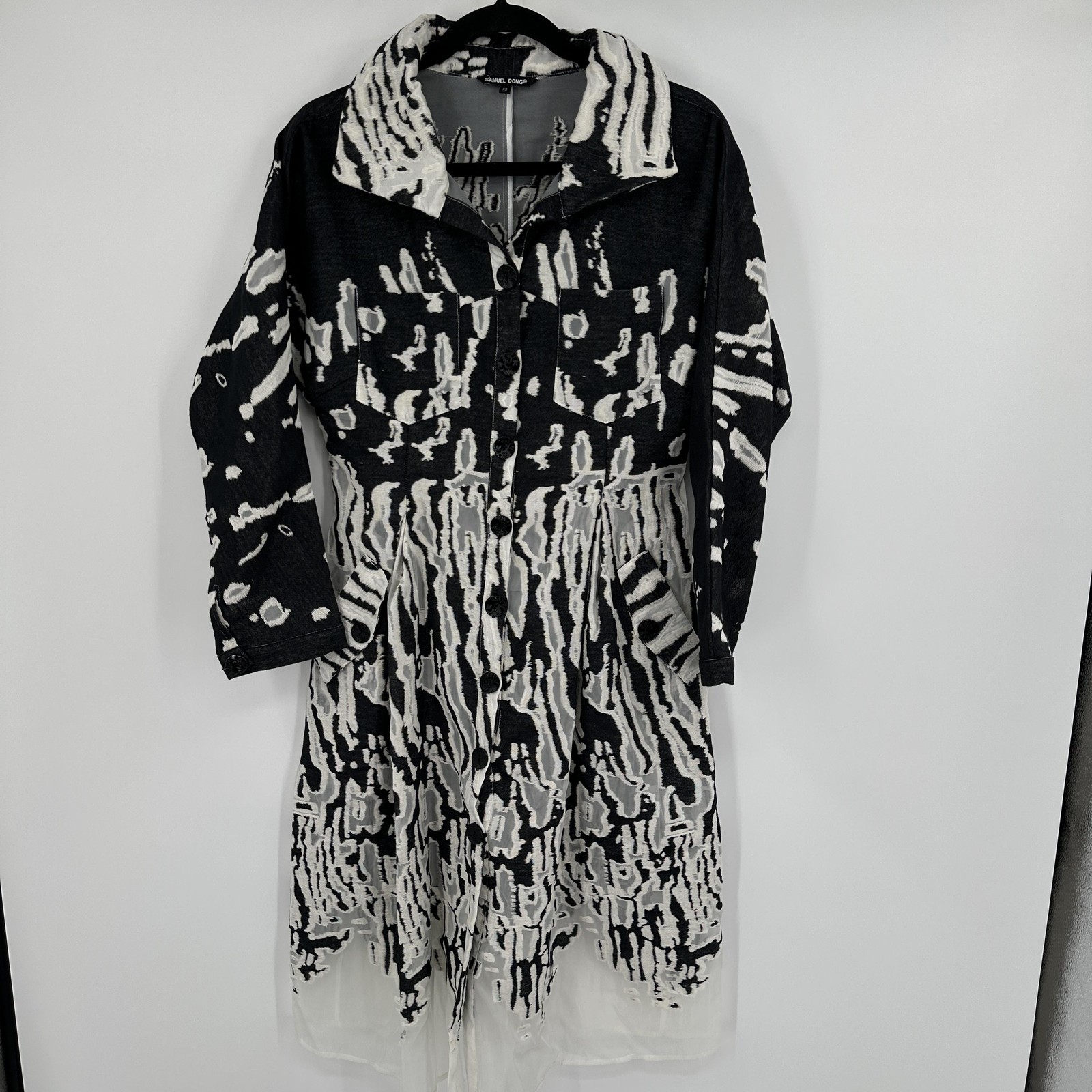 Samuel Dong Shirt Dress Womens XS Black White Abstract Sheer Mesh Button Front