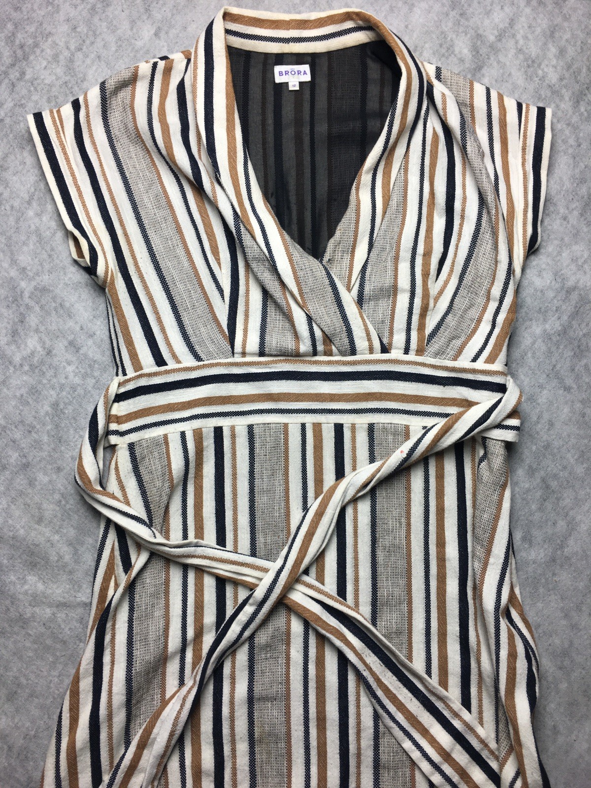 BRORA Striped Wrap Maxi Belted Dress Cotton Linen Blend UK 12