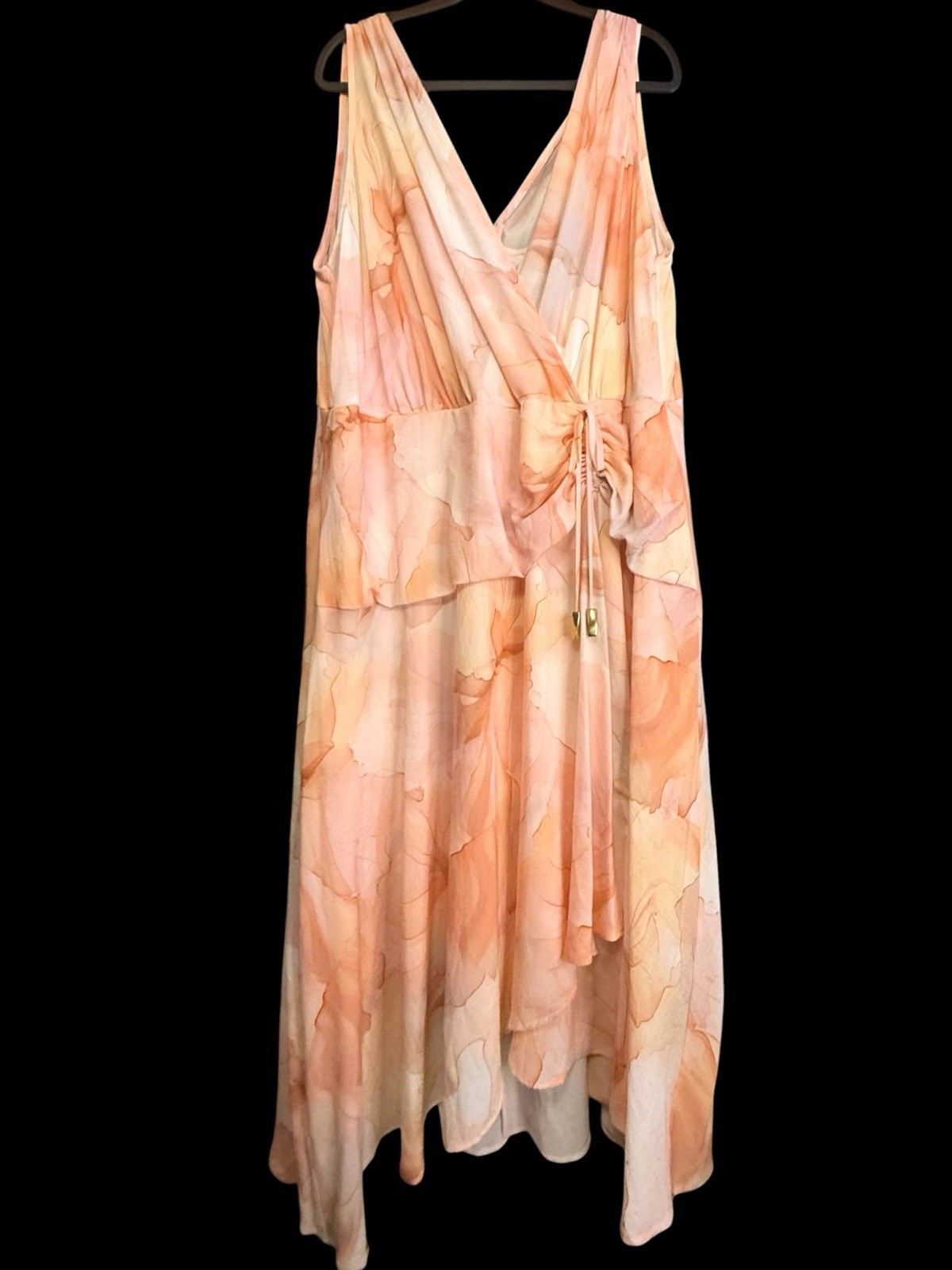 Donna Karan Peach Rose Watercolor Ruched A-Line Dress Flowy Lightweight NWT 22W