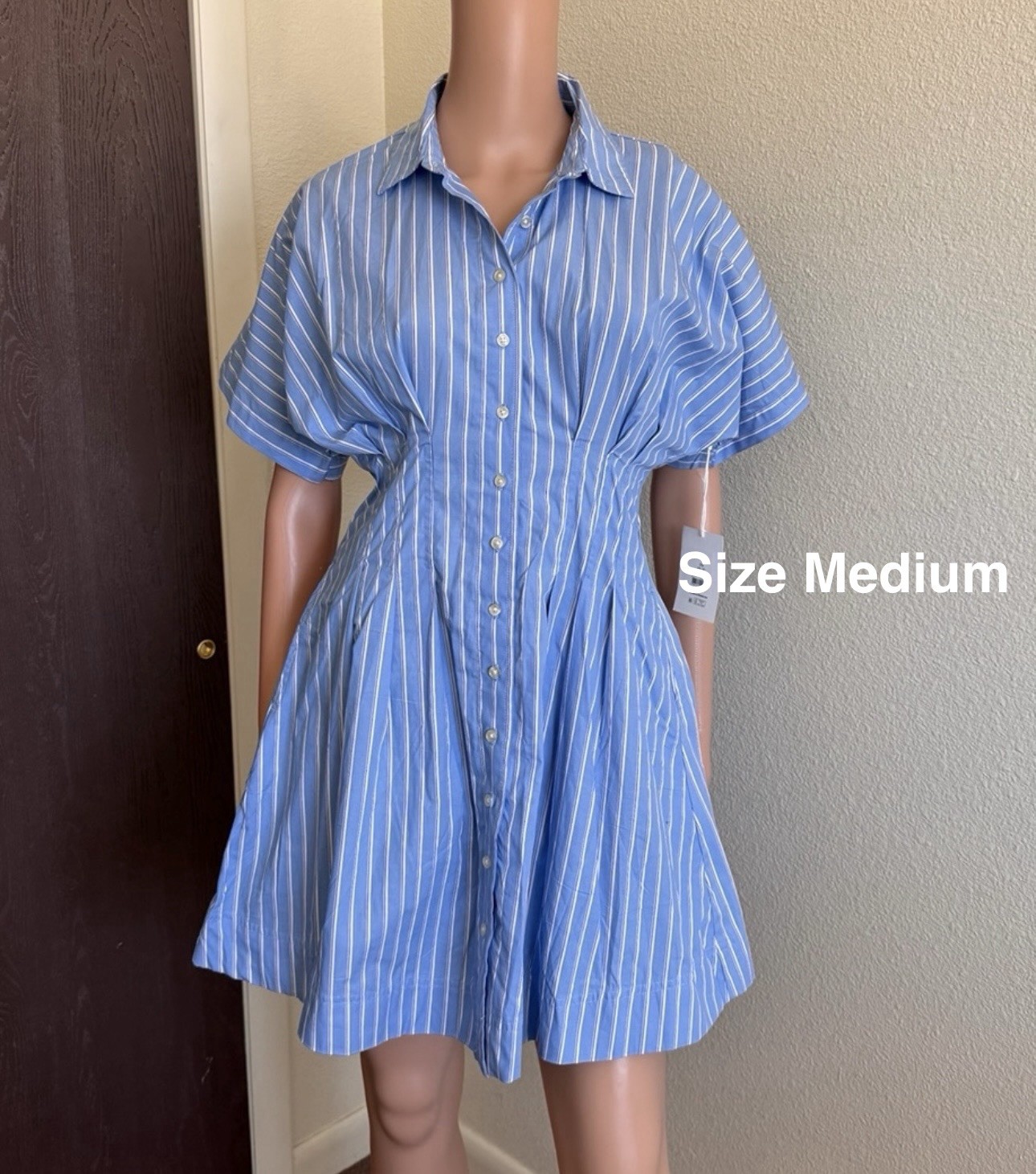 Free Assembly Women’s Cotton Corset Mini Shirtdress with Short Sleeves,M, Blue