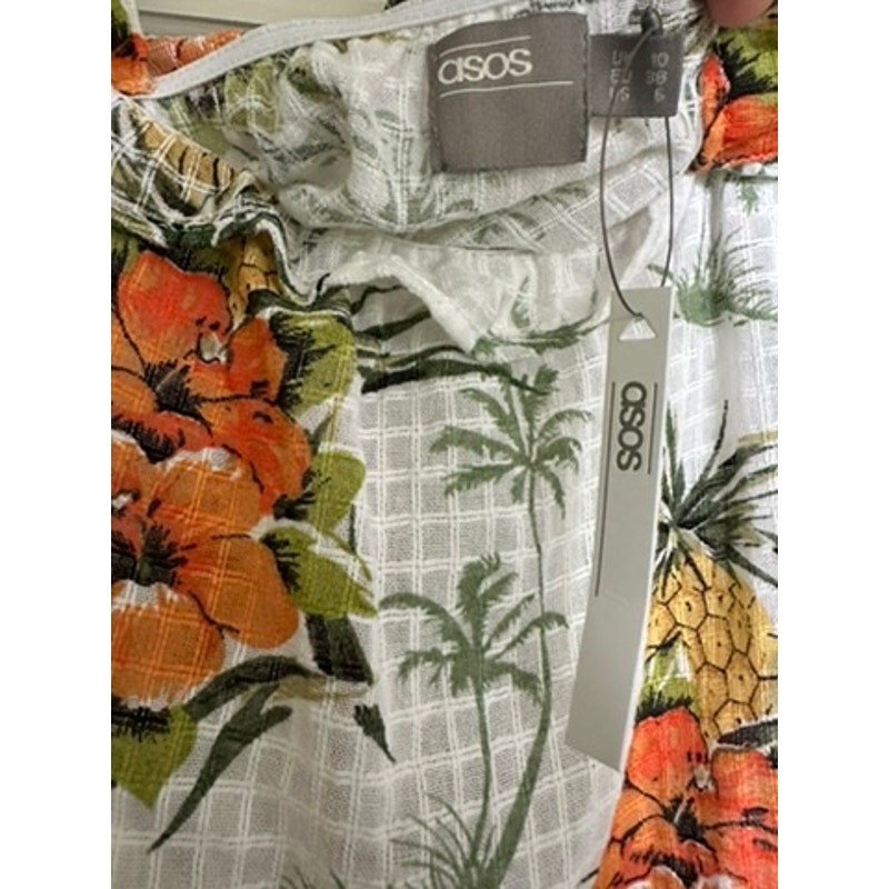 NWT ASOS tropical hibiscus and pineapple white cotton tie-strap sundress