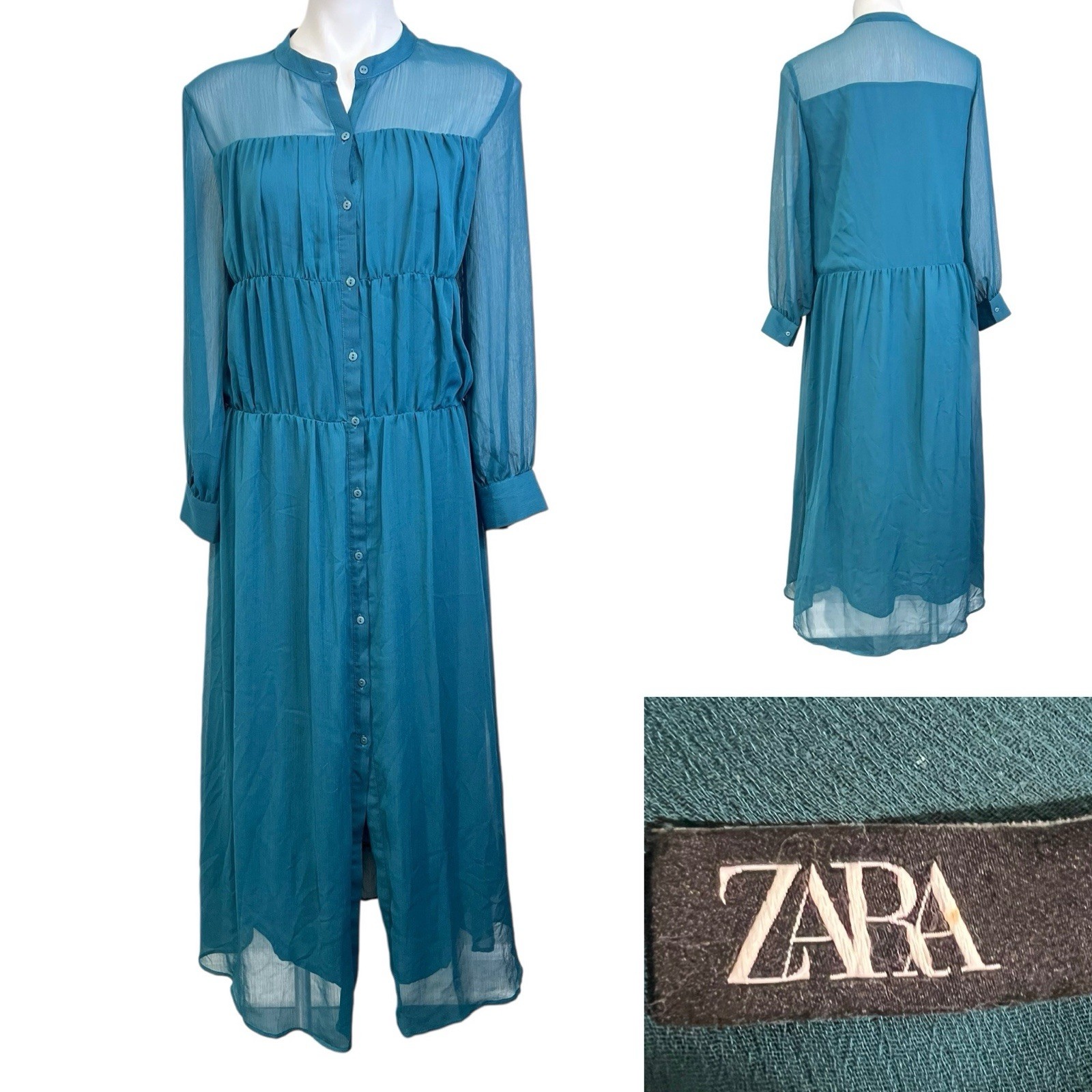 Zara Maxi Dress L Hunter Emerald Green Semi-Sheer Long Sleeve Holiday Party