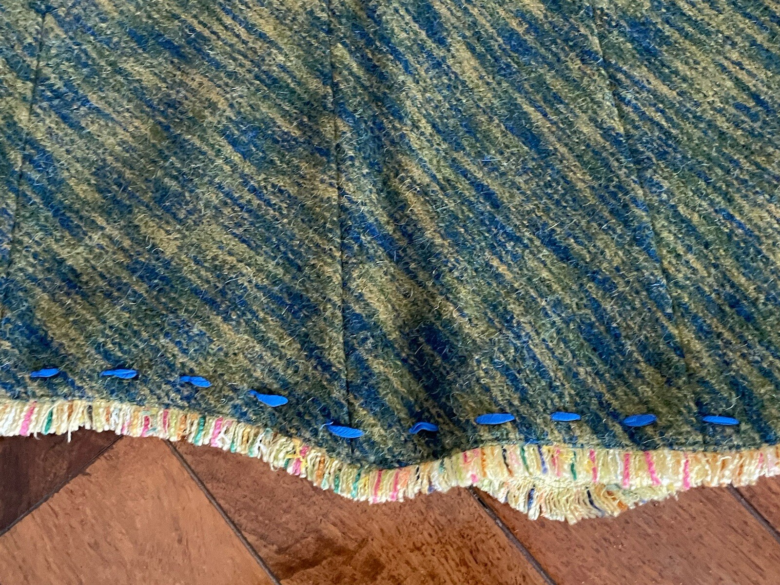 CACHAREL Unbalanced Wool Tweed Dress with Frayed Trim, Green-Blue, Size 40/Small
