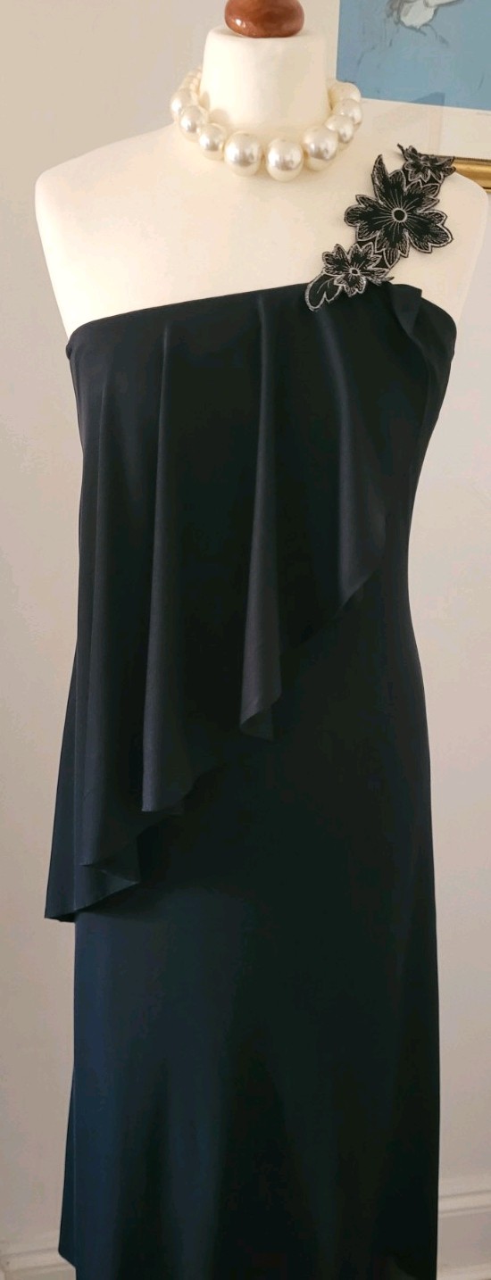 CLAUDIE AMOS Vintage Black One Shoulder Floral Applique Dress UK8 Made In UK