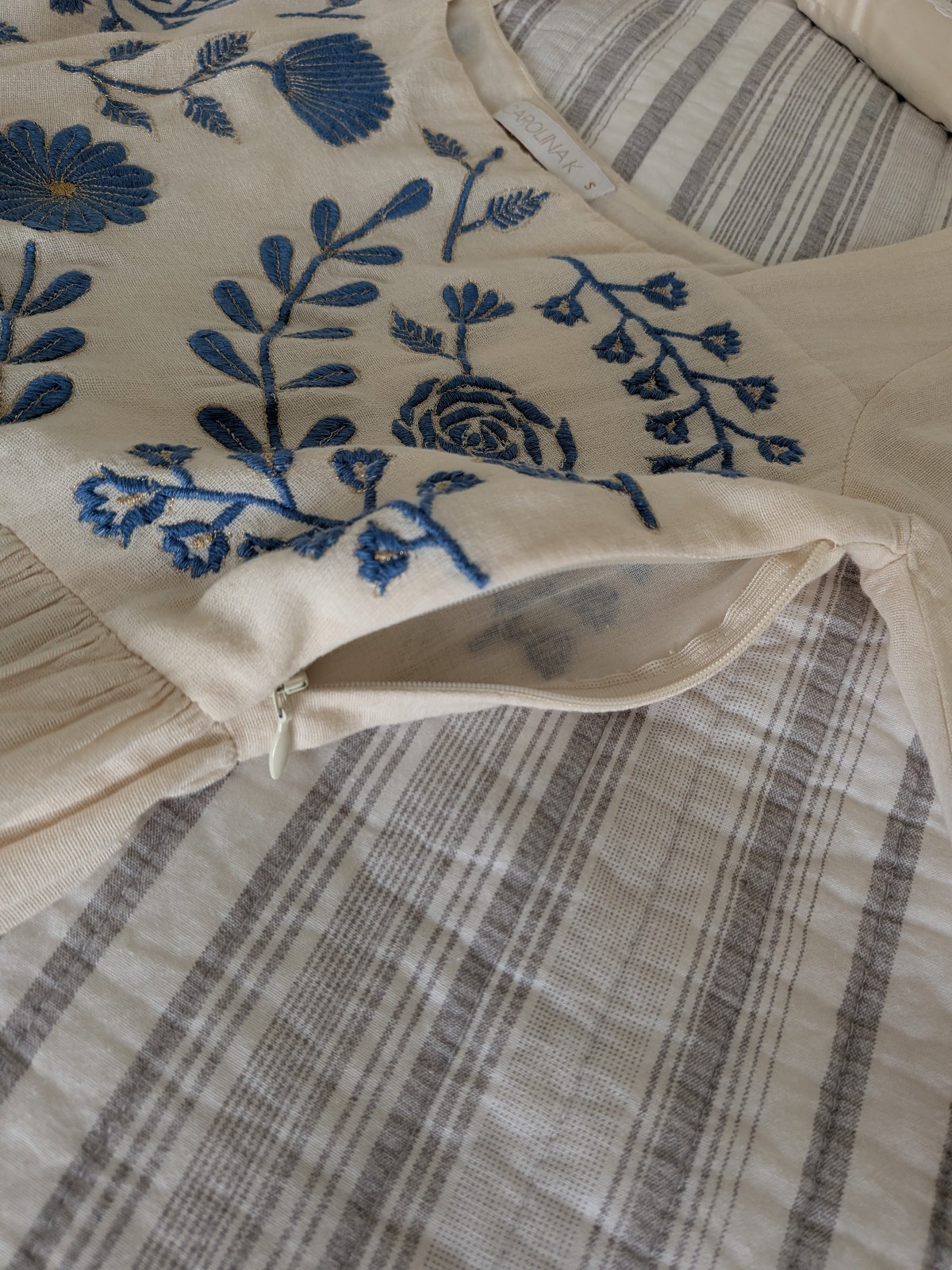 Carolina K White Blue Embroidered Cotton Maxi Dress Size Small Saks EUC