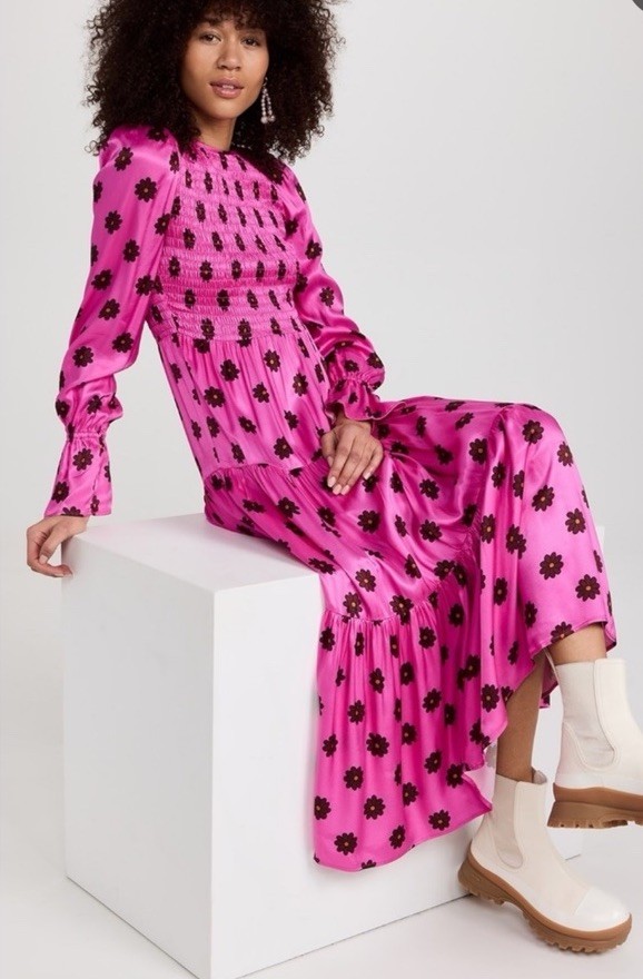 New KITRI Ltd Maxi Dress Retro Floral Smocked Bodice Petra Pink sz UK 6 / US 2