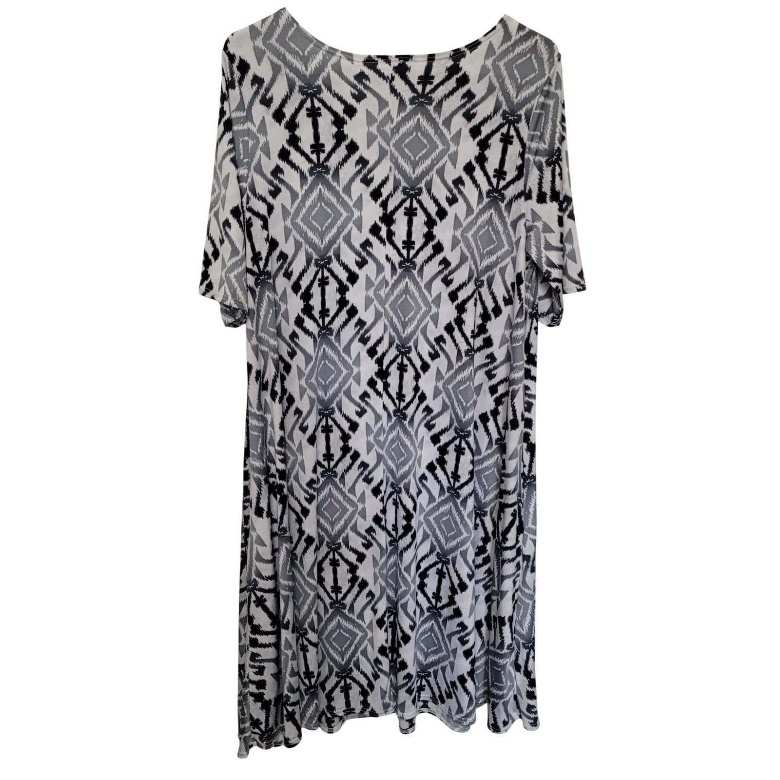 Unbranded Geometric Ikat Shift Dress Womens 1XL Black Grey Boho Scoop Neck