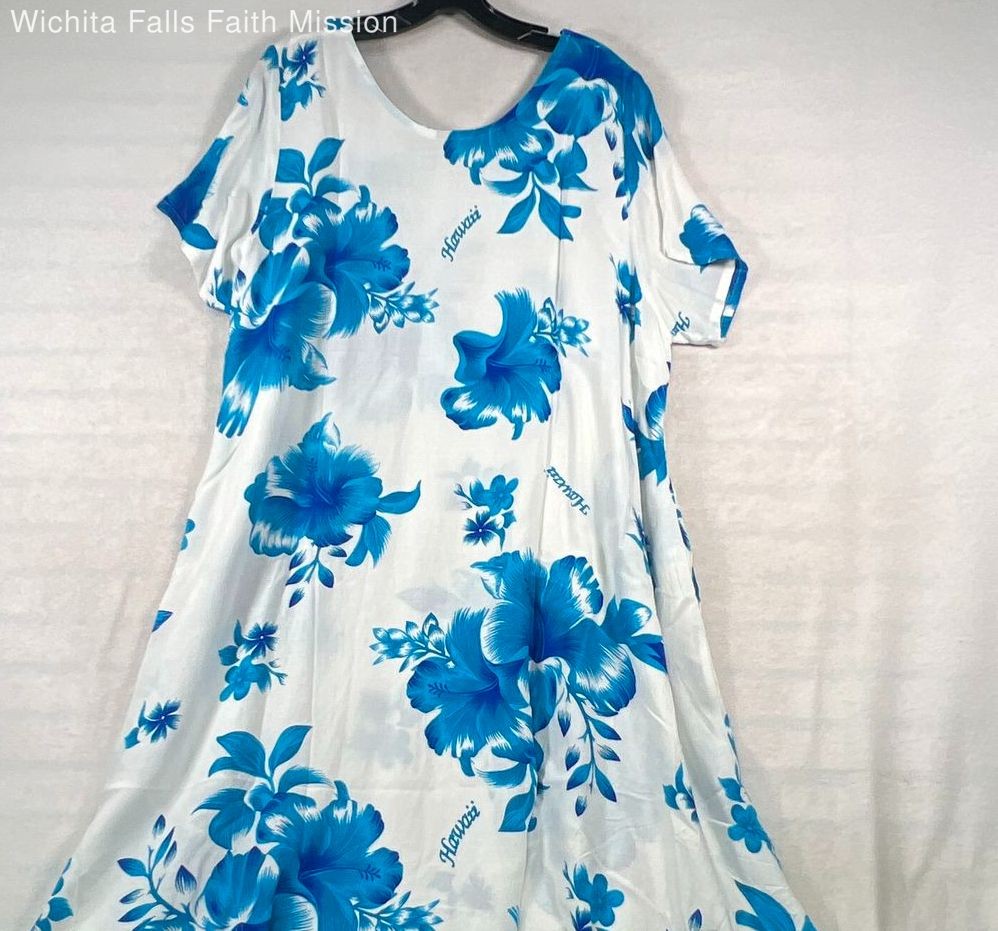White Hawaiian Dress with Blue Flowers: One Size