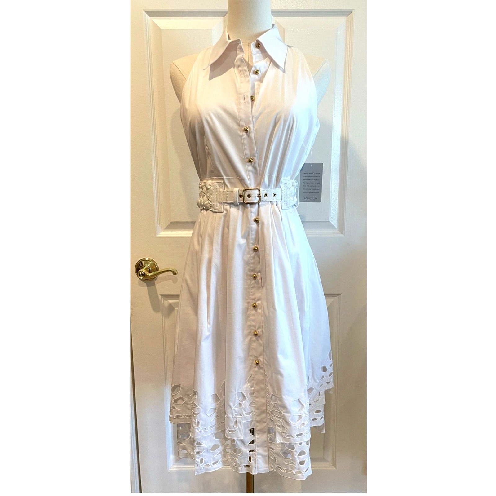 Chetta B White Cotton Blend Sleeveless Belted Midi Shirt Dress Coquette Size 6