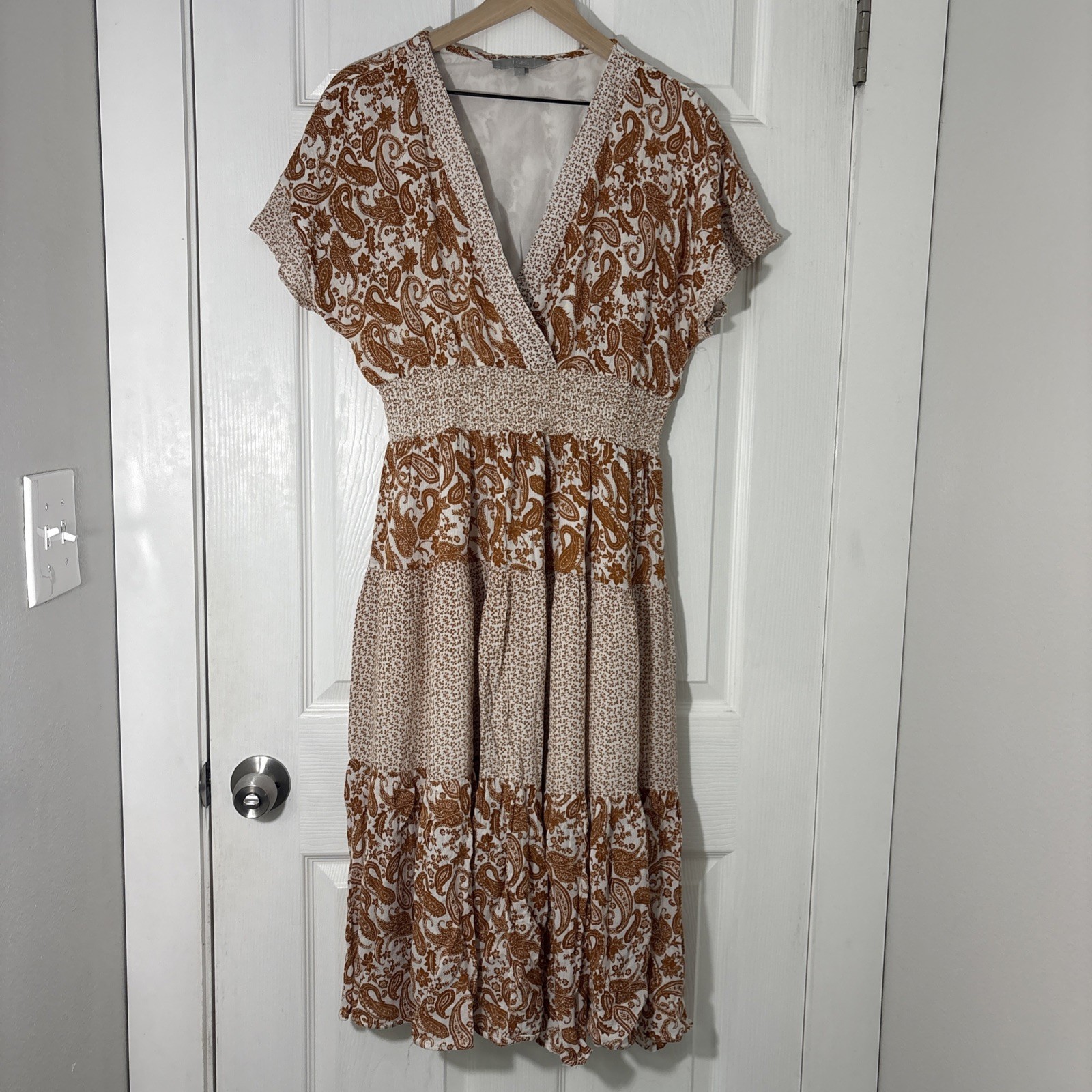 J GEE Rust Orange White Floral Bohemian Maxi Dress Lined V-Neck Flutter L Womens