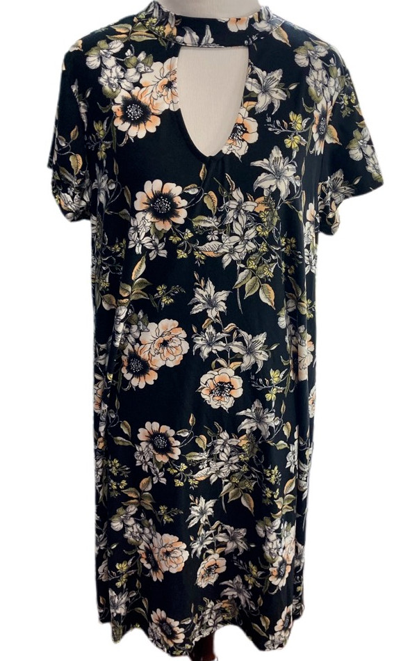 Womens Shift Dress Black Floral Stretch Keyhole Neck Tie Short Sleeve Sauci L