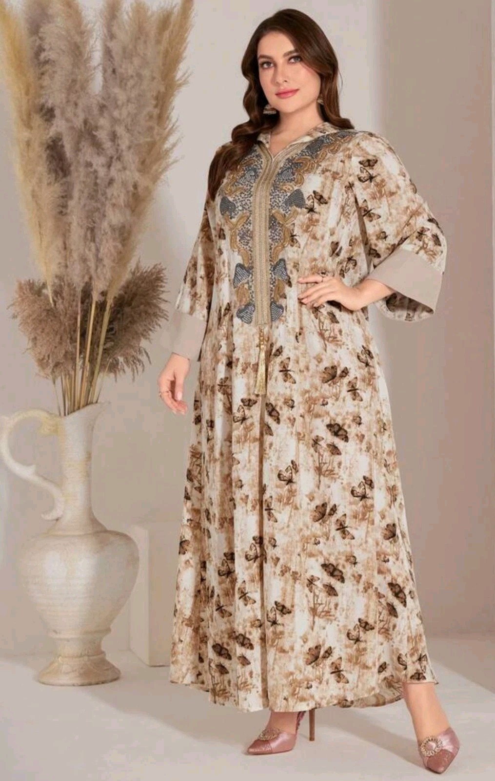 Toleen Butterfly Pullover KAFTAN Embroidered Rhinestone V-Neck Hooded Womens 1XL