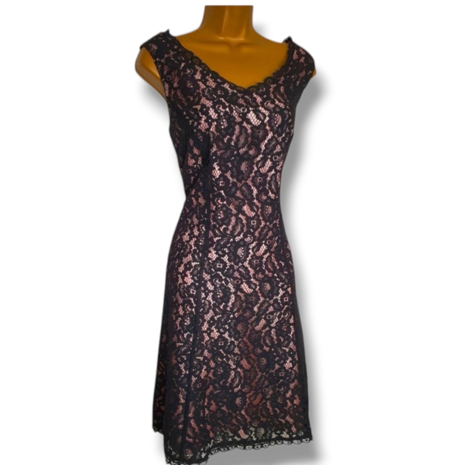 Jacques Vert Black Lace Dress Size 12 Pink Satin Lining Evening Party Cruise