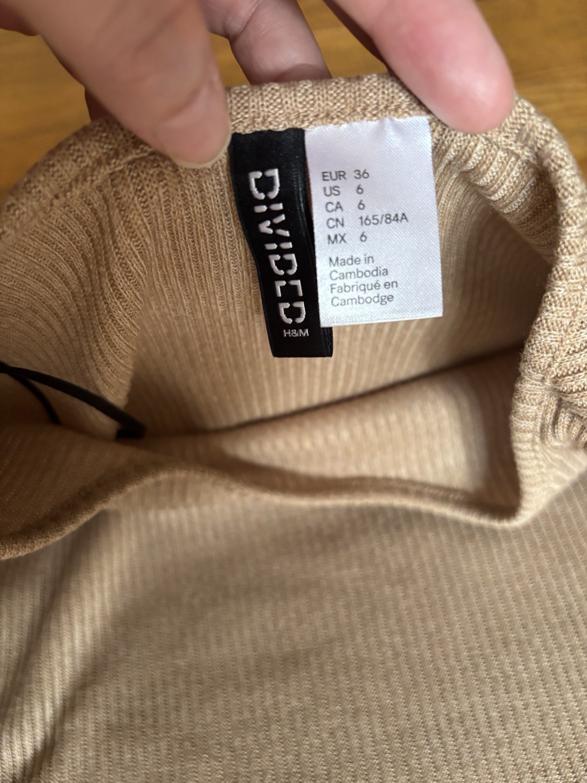 H&M Beige Ribbed Knit Ruffle Round Neck Bodycon Mini Dress Long Sleeve 6 / S