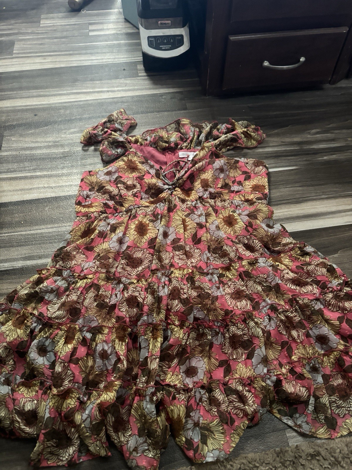 Womens Pink Floral Ruffle Layered Maxi Dress Long Regular Size Type