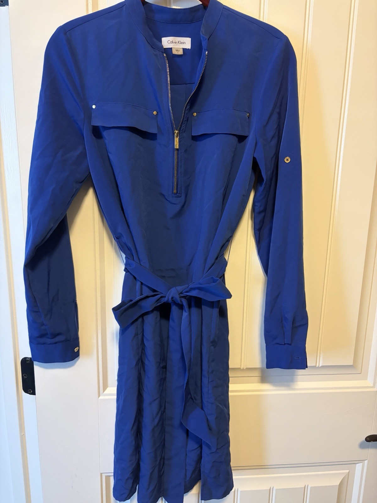 Calvin Klein Women’s Solid Blue Belted Zip Front Long Sleeve Shirt Dress sz 2