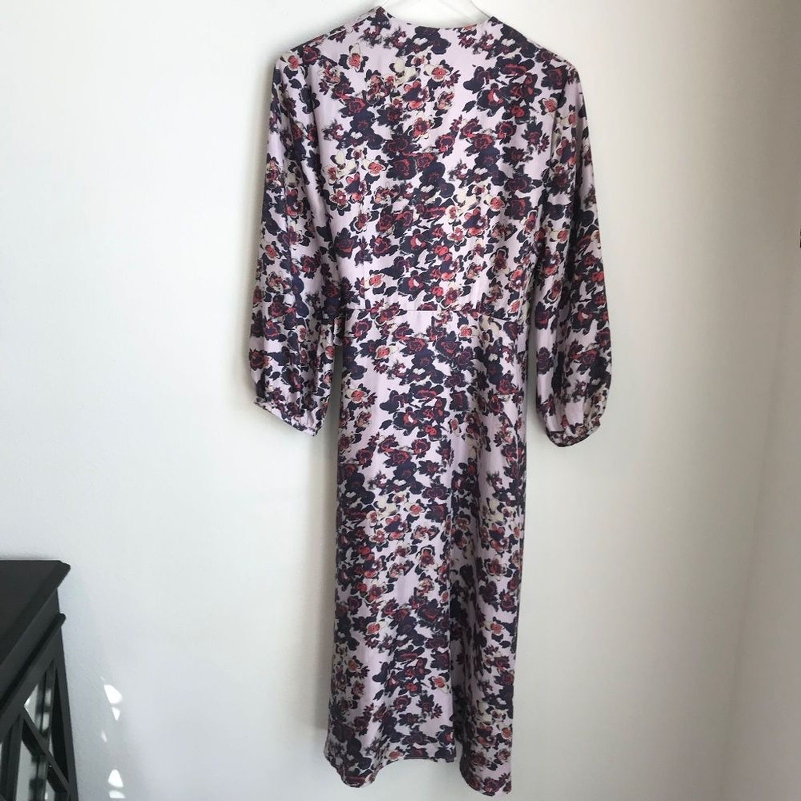 Whistles Silk Floral Print Midi Wrap V-Neck Dress 8 Purple Red Bracelet Sleeve