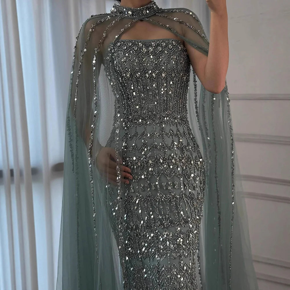 Beaded Mermaid Evening Dress, with Detachable Cape and Long Sleeve Luxury Gown-