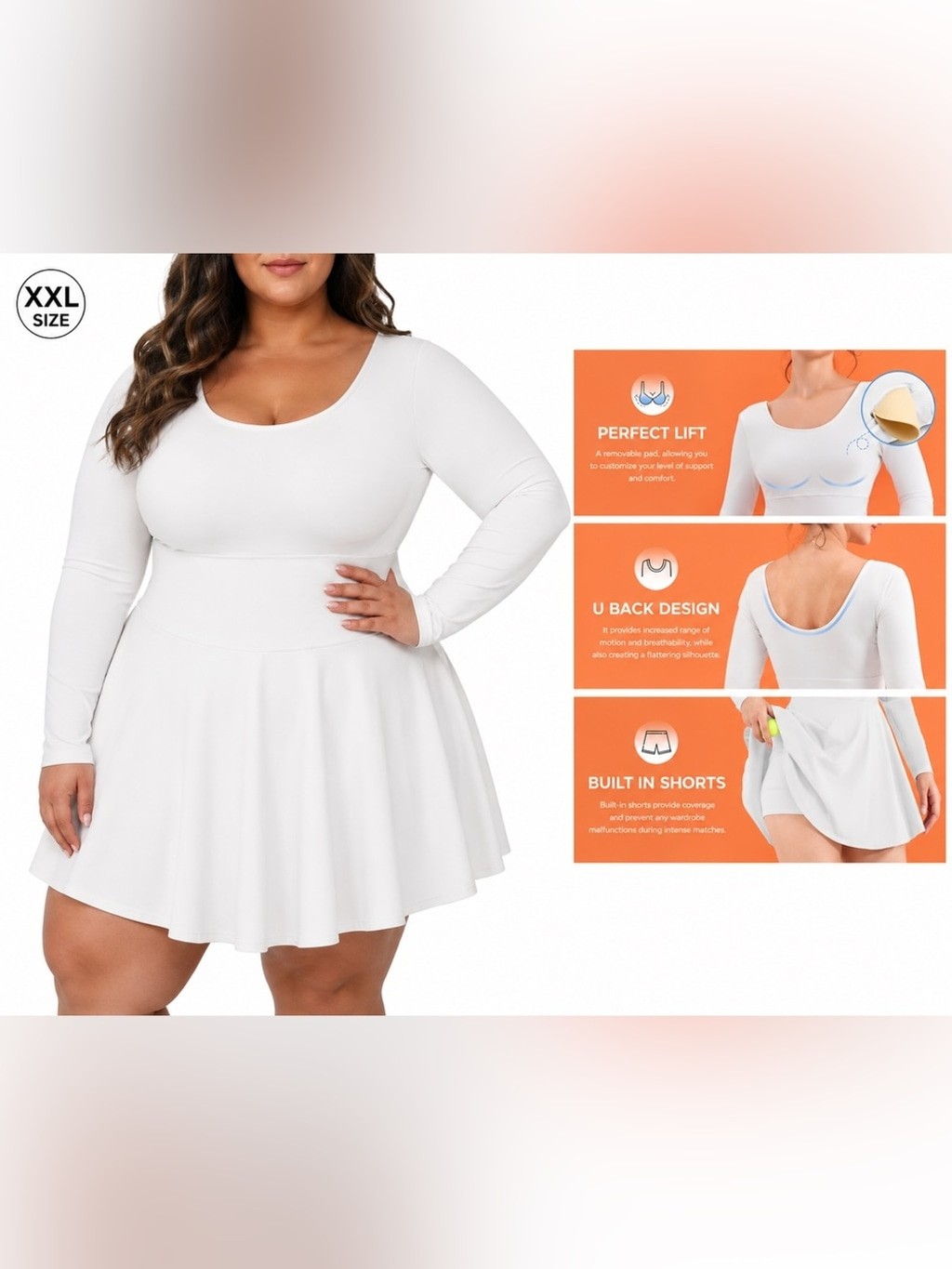 FISOEW White Long Sleeve Active Dress Built-In Shorts XXL NWT