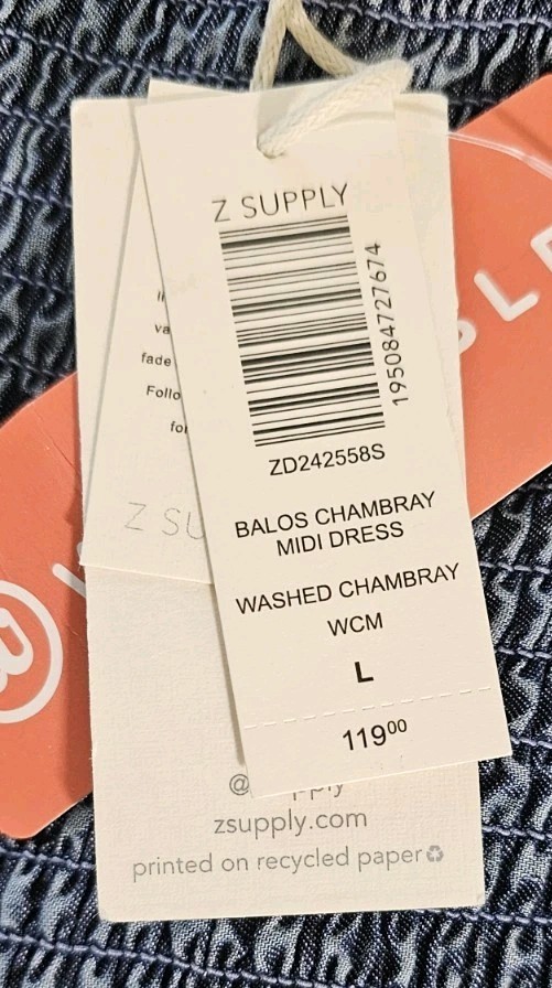 Z Supply Balos Washed Chambray Midi Dress L Smocked Spaghetti Strap Cottage NWT