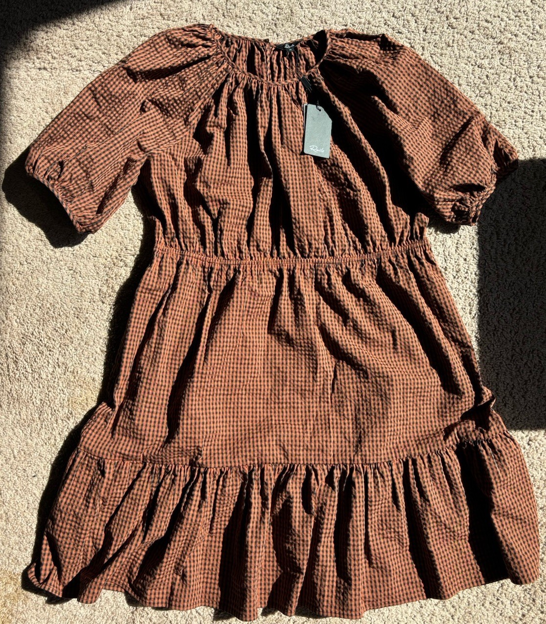 RAILS Khloe Brown Gingham Puff Sleeve Tiered Mini Dress Women’s Size X-Large NWT