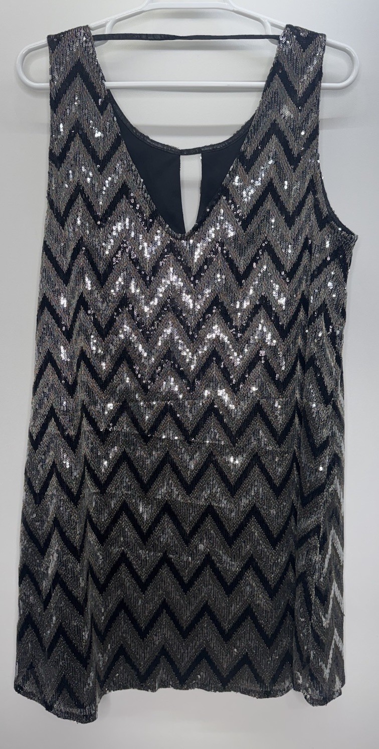 Miss Me Black Silver CHEVRON Sequin Tank Dress Evening Club Party Concert Glam M