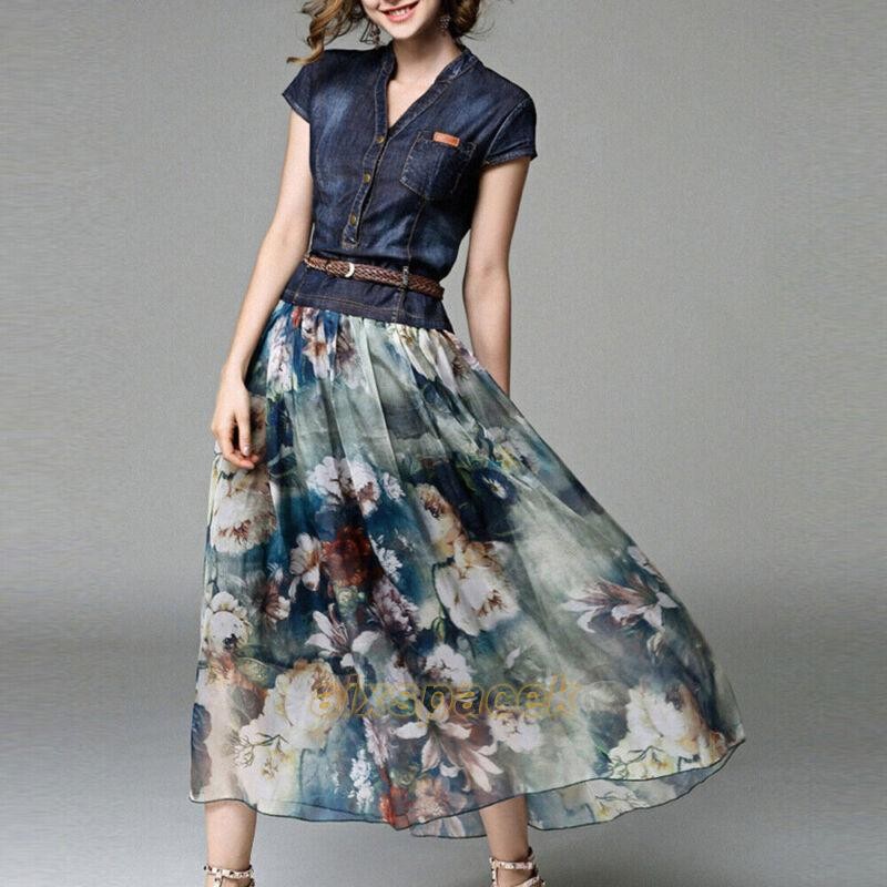 Print Floral Women’s Denim A-line Maxi Dress Short Sleeve V-neck Slim Fit Retro