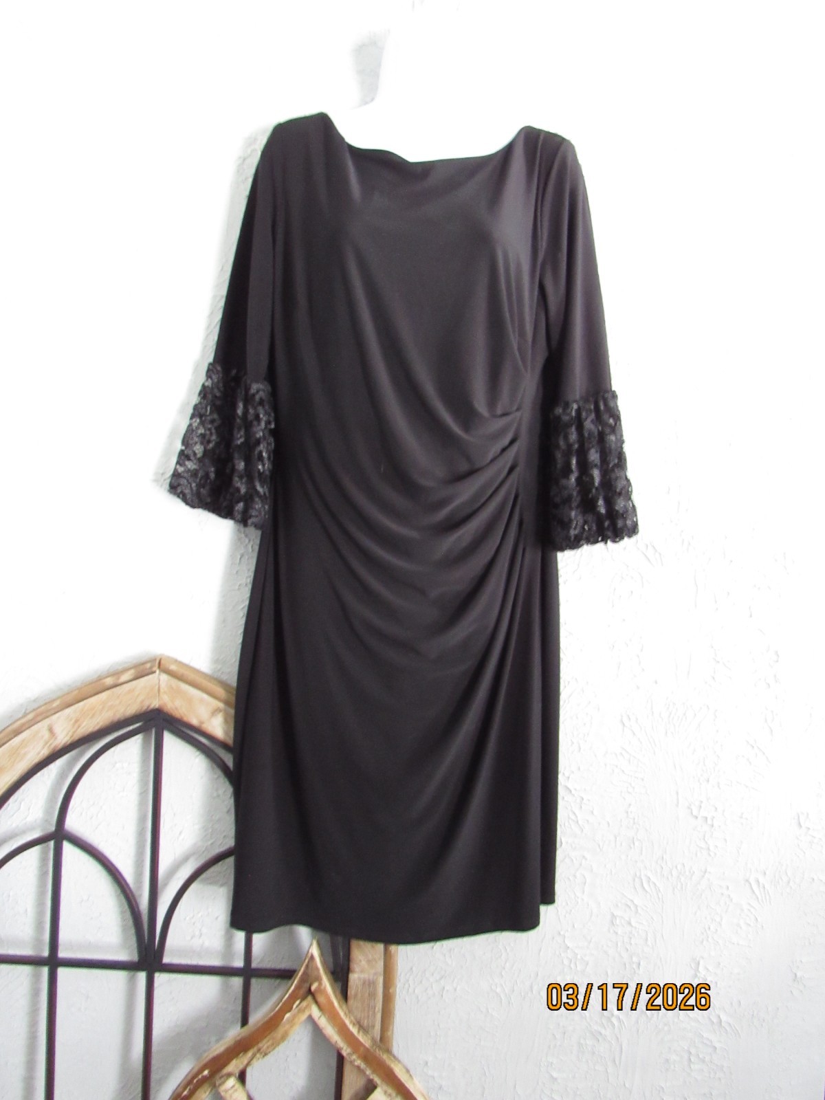 Ralph Lauren sz 16 black formal shift dress 3/4 bell lace sleeve gathered side