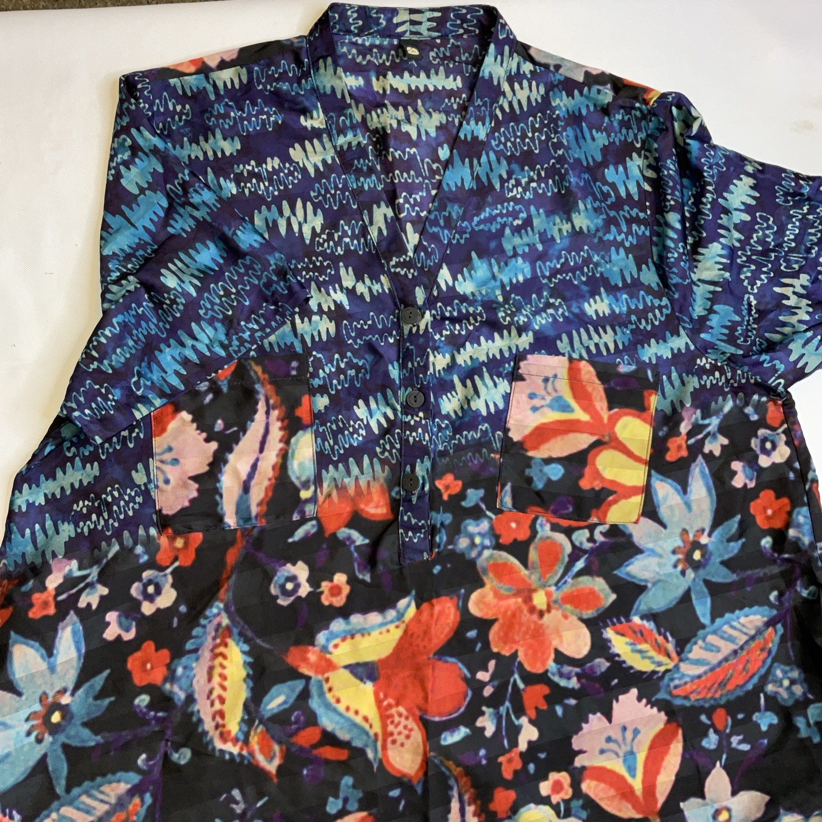 Caftan Button Top Floral Geometric Pattern Lagenlook Relaxed Boxy Art To Wear