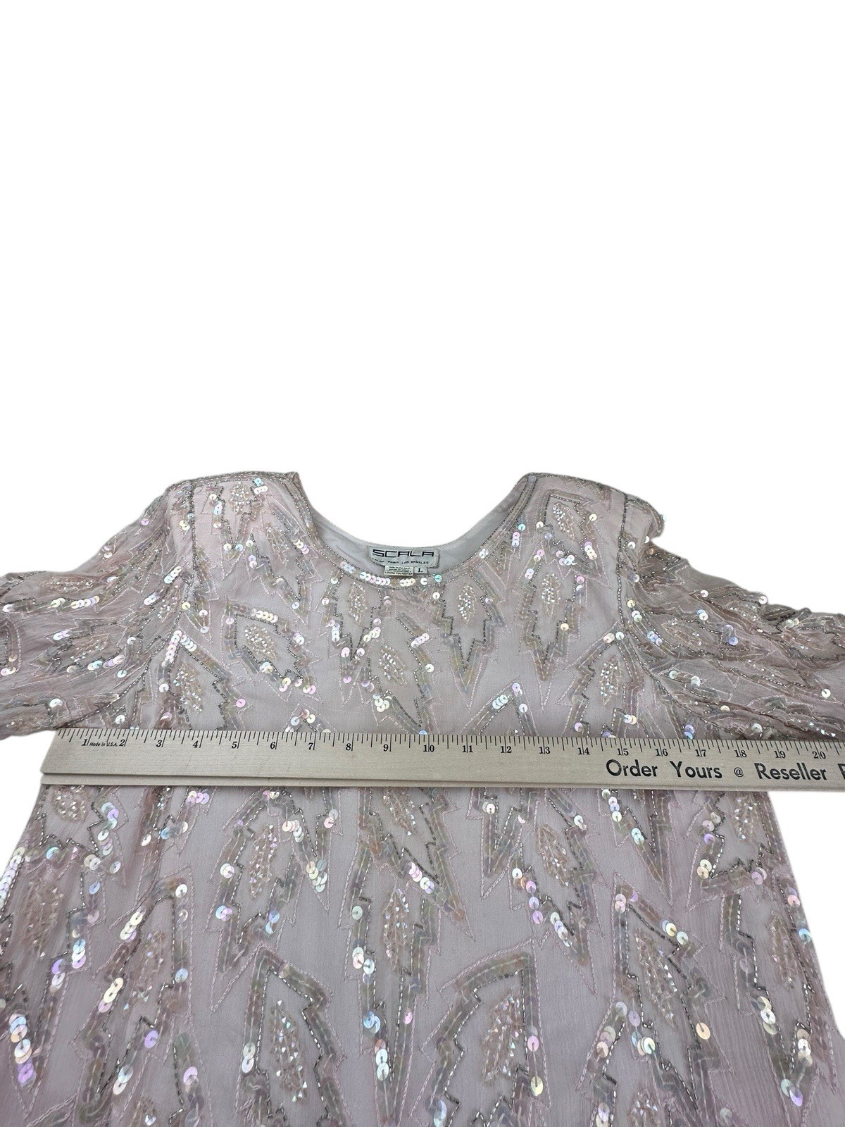 Scala Silk Beaded Sequin Shift Dress L Nude Pink Formal Cocktail Evening