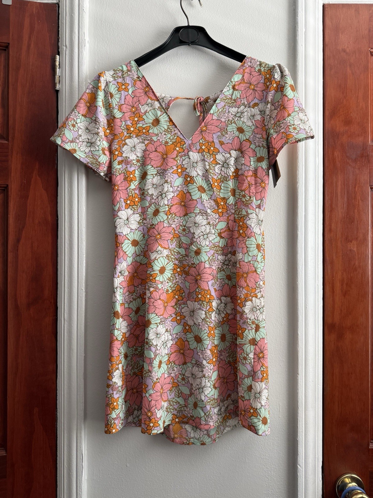 VERO MODA Multicolor Floral V-Neck Keyhole Tie Back Knit Mini Dress S