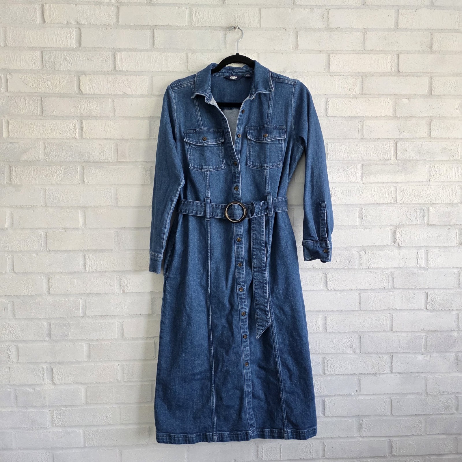 Land’s End Denim Button Down Classic Midi Shirt Dress All Season Size Small 6-8