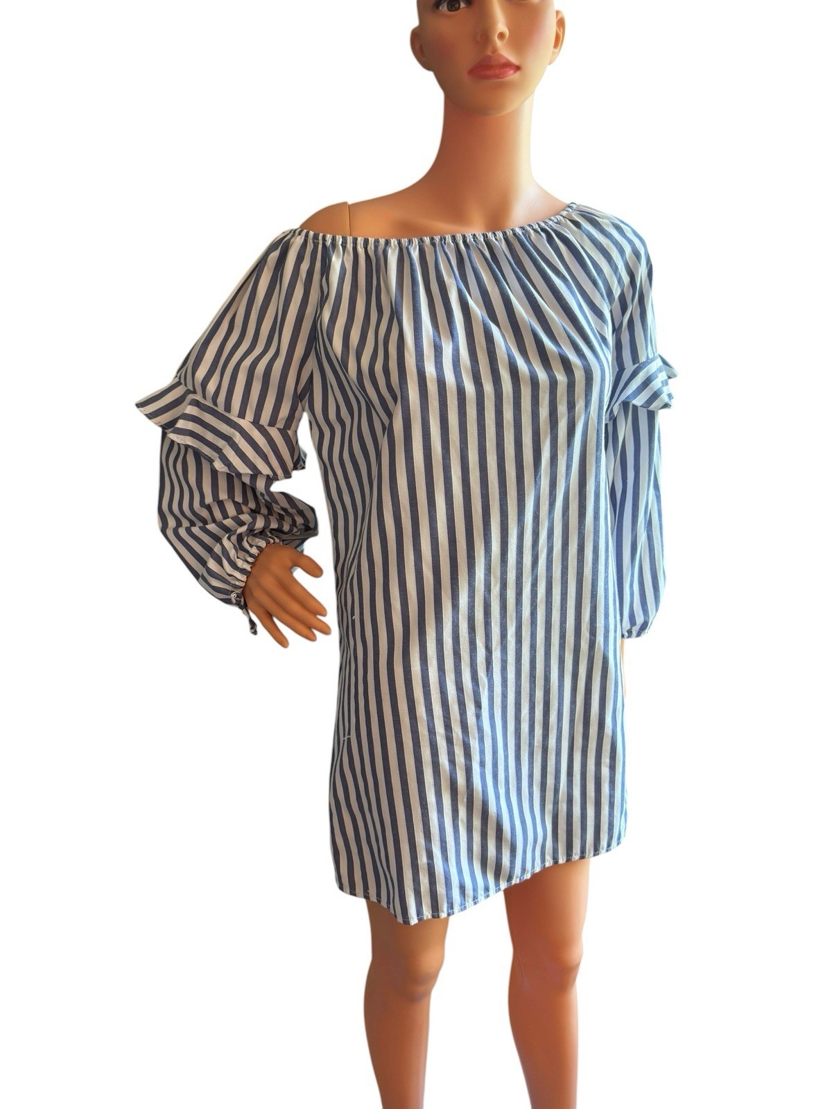 Style Envy Blue White Striped Off Shoulders Shift Dress Ruffle Sleeve Women’s L