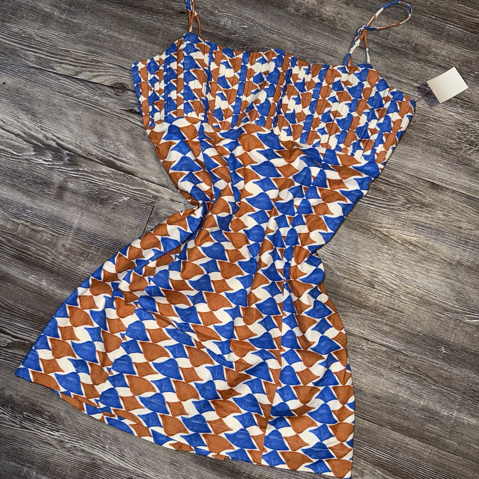 Maeve Geometric Mini Dress Square Neck Strappy Sleeveless Blue Brown size 8 NWT
