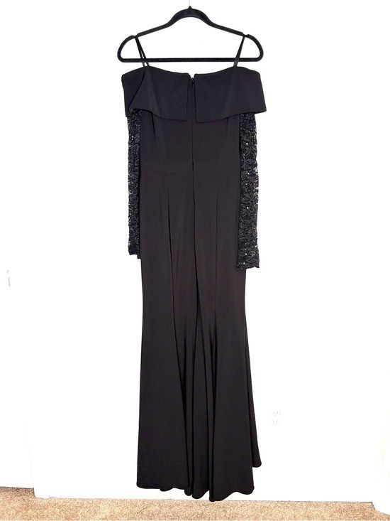 Xscape Evening Gown Off The Shoulder Sheer Lace Sleeves Front Slit Black Size 8