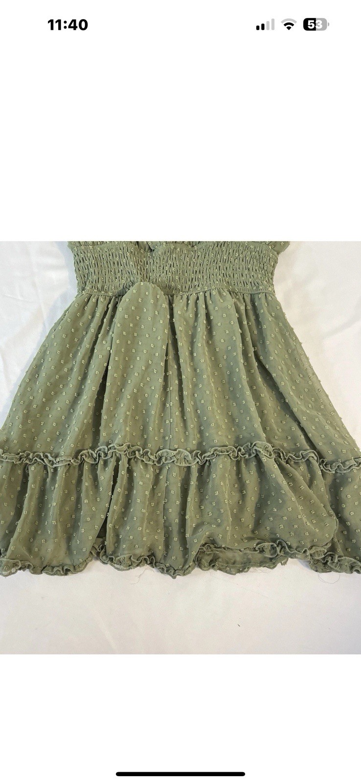 Francesca’s-Blue Rain Mini Dot Dress- Sz M OliveGreen Rouched Waist-Fit & Flare