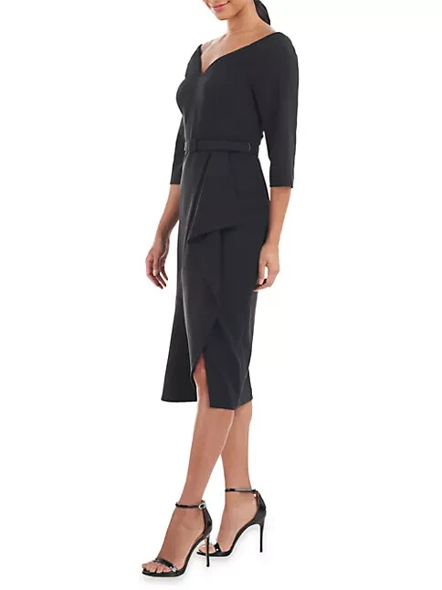 Kay Unger Black Izzy Ruffle Side Slit Midi Dress Size 4 $278 *Less Belt*