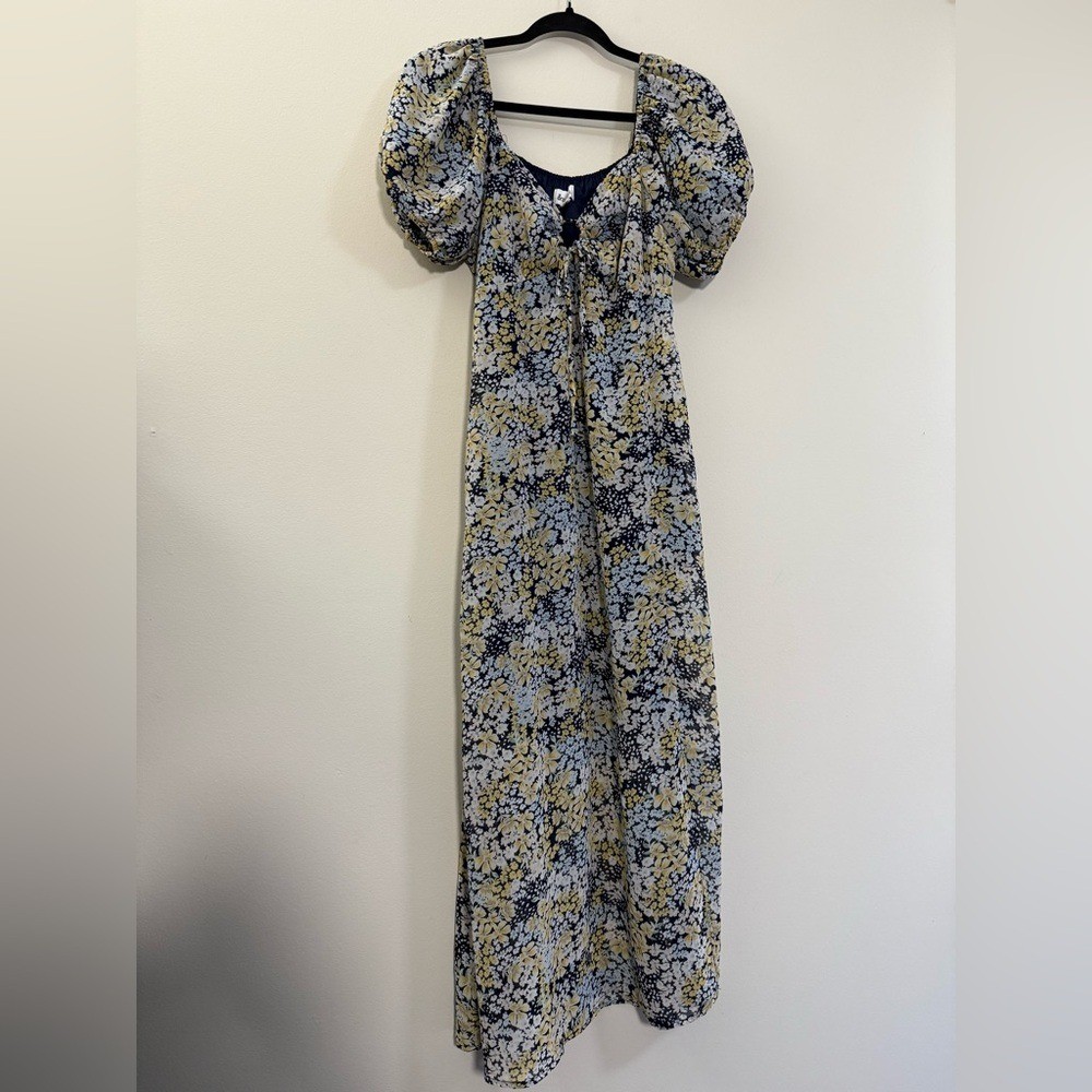 & MERCI Floral Puff Sleeve Maxi Dress in Blue and Yellow – M