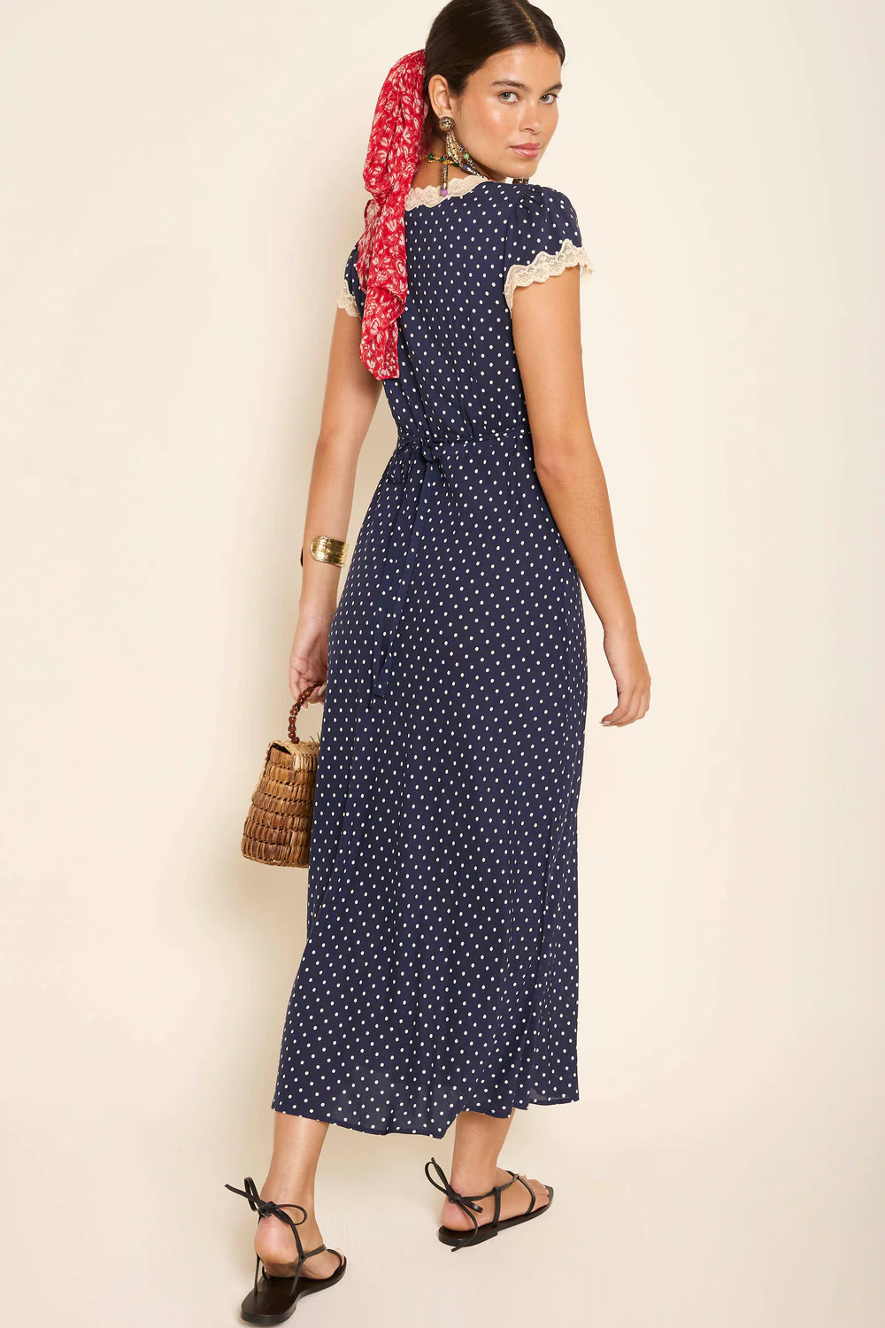 RIXO LONDON Retro Polka Dot Lace Trim V Neck Tie Waist Bias Cut Midi Dress